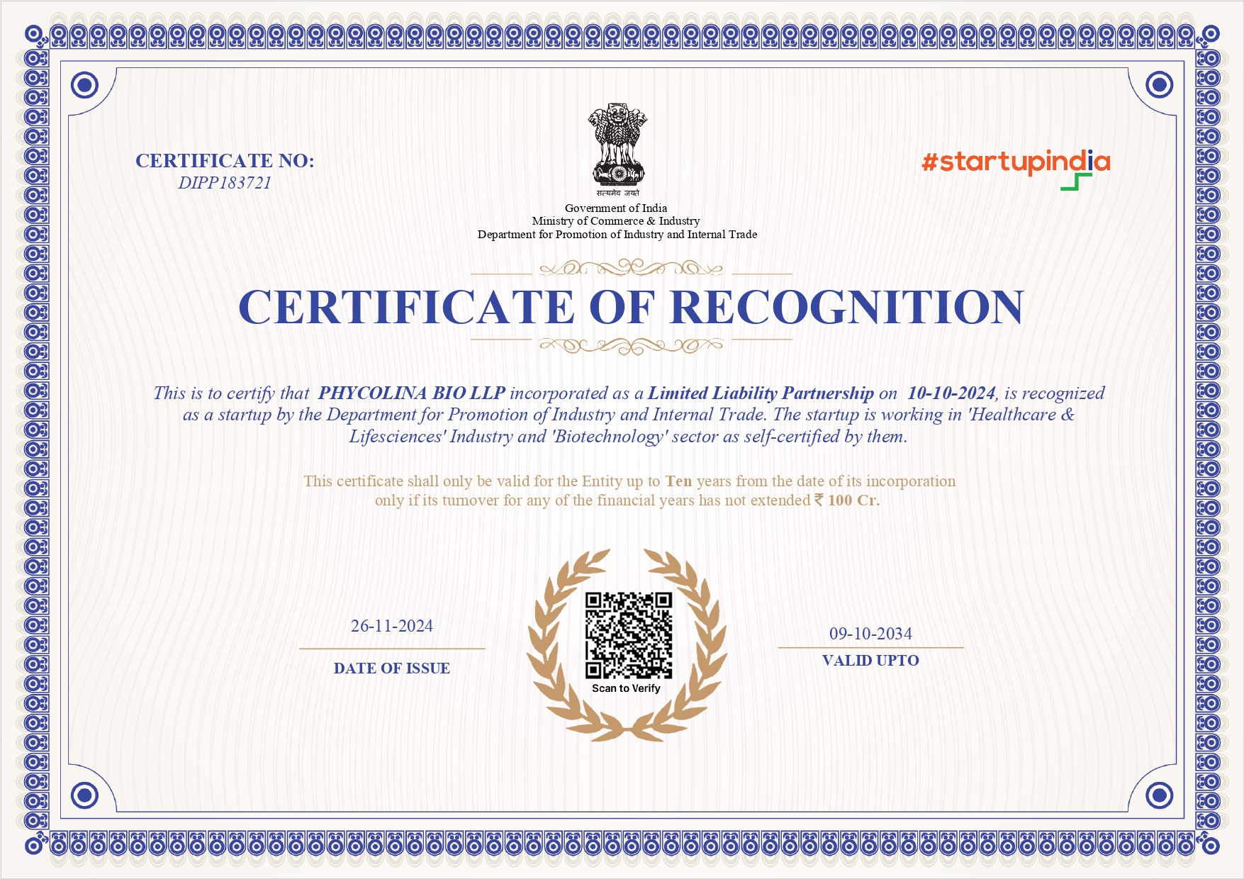 Startup India Certificate